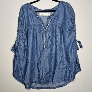 We The Free People Womens Medium Oversized Top Chambray Denim Top Peasant Boho